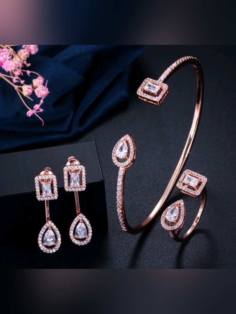 Women Rose Gold Plated CZ Zircon Cuff Bracelet Earrings Ring Costume Jewelry Set